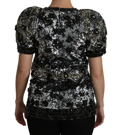 Dolce &amp; Gabbana Zwarte Top Blouse met Pailletten en Kristalversiering