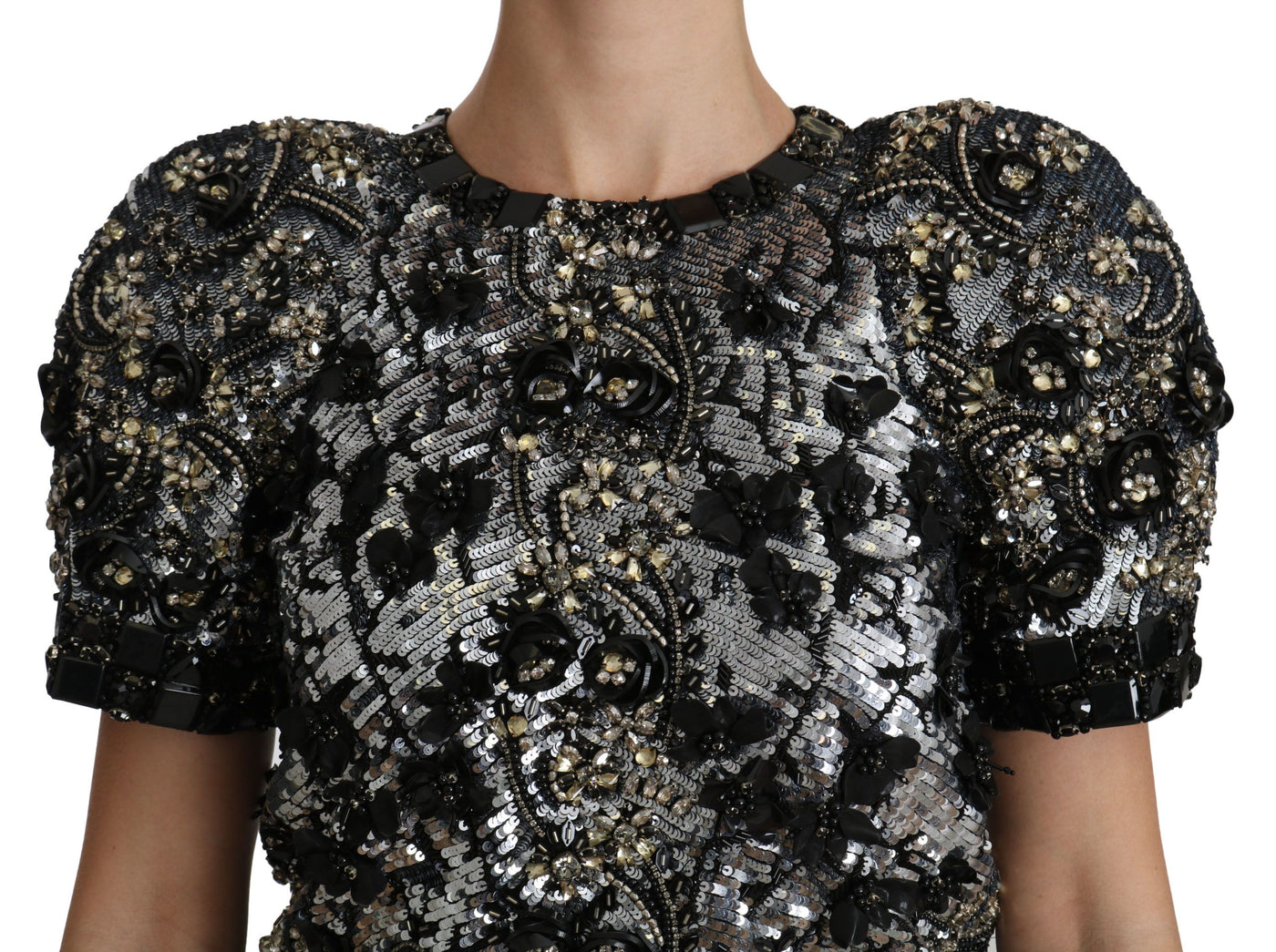 Dolce &amp; Gabbana Zwarte Top Blouse met Pailletten en Kristalversiering