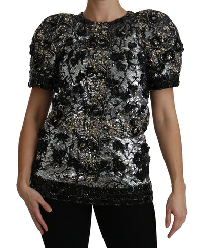 Dolce &amp; Gabbana Zwarte Top Blouse met Pailletten en Kristalversiering