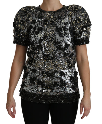 Dolce &amp; Gabbana Zwarte Top Blouse met Pailletten en Kristalversiering