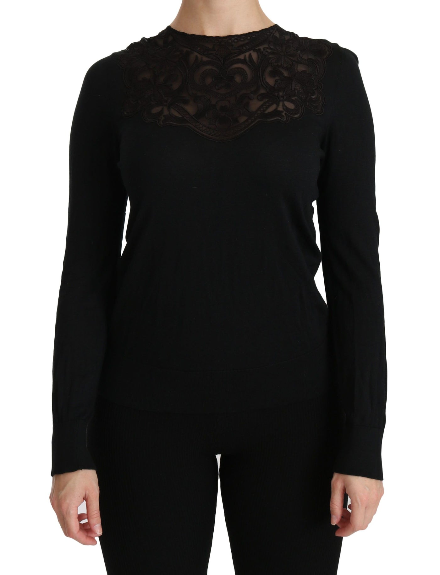 Chemisier ras du cou à manches longues et dentelle de soie noire Dolce &amp; Gabbana