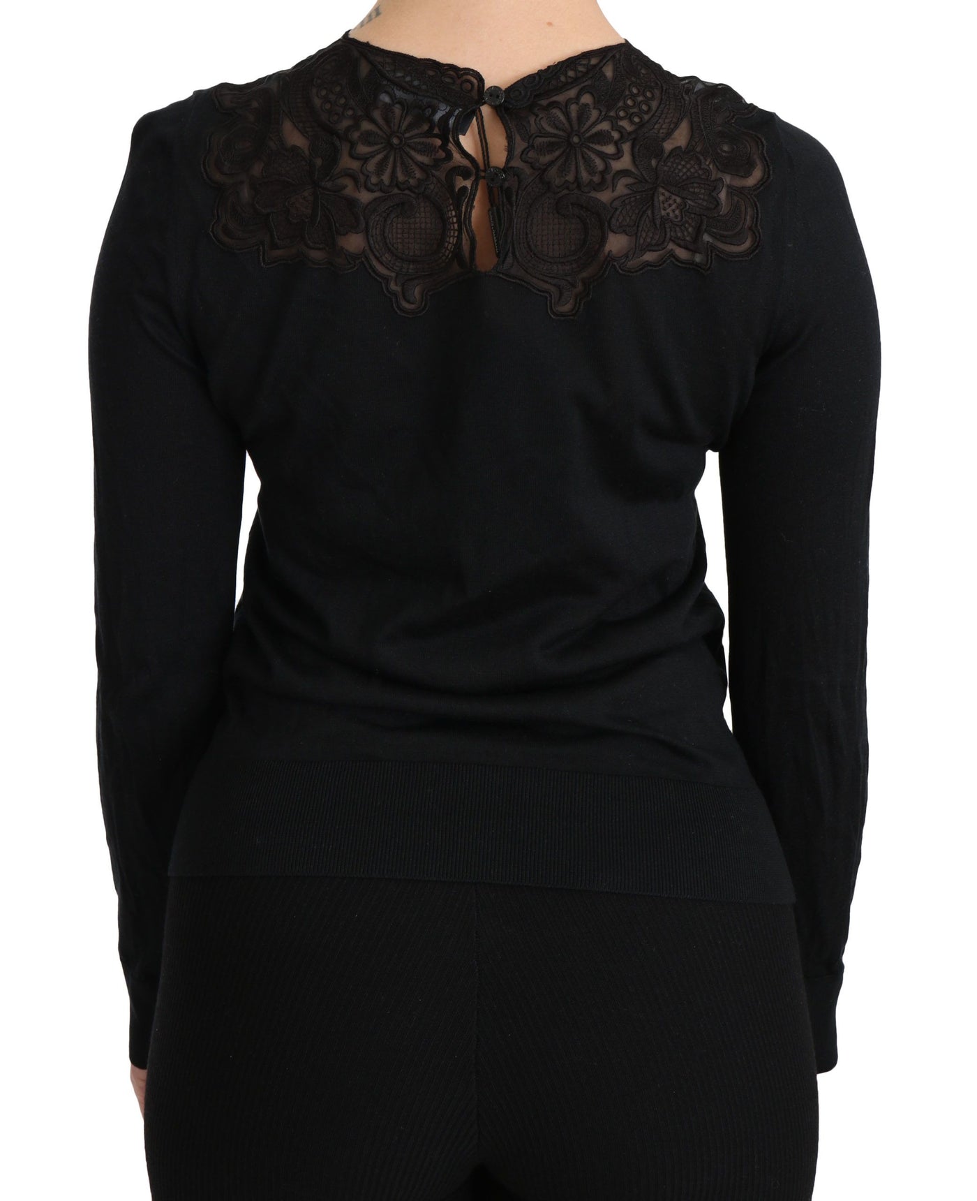 Chemisier ras du cou à manches longues et dentelle de soie noire Dolce &amp; Gabbana