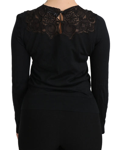 Chemisier ras du cou à manches longues et dentelle de soie noire Dolce &amp; Gabbana