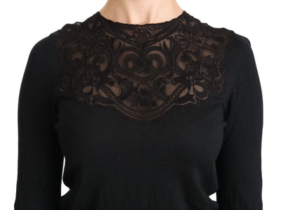 Chemisier ras du cou à manches longues et dentelle de soie noire Dolce &amp; Gabbana