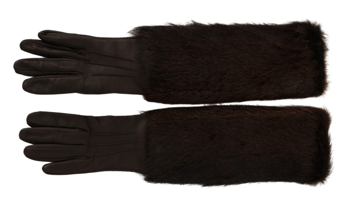 Dolce &amp; Gabbana Bruine Ellebooglange Wanten Leren Bont Handschoenen