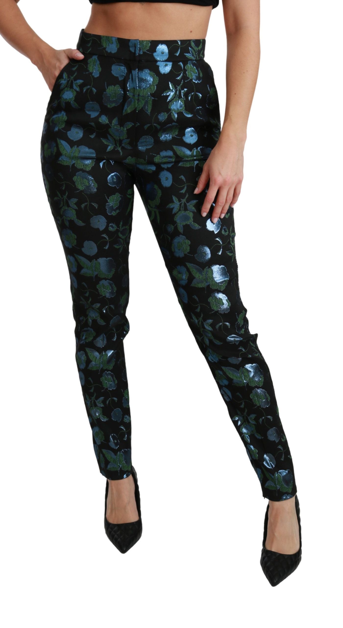 Dolce &amp; Gabbana blauwgroene bloemenmetallic slim-fit broek