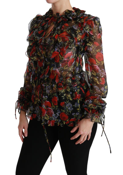 Dolce &amp; Gabbana Zwarte Bloemen Rozen Blouse Zijden Top
