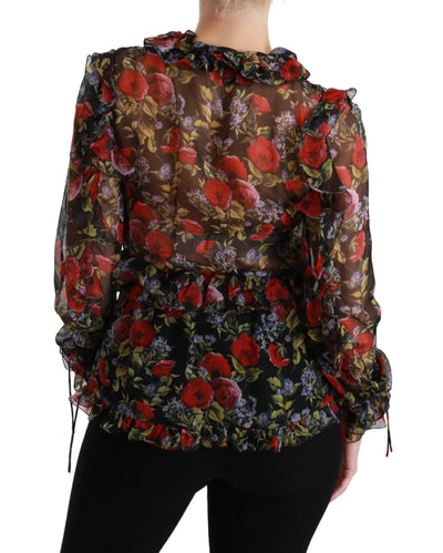 Dolce &amp; Gabbana Zwarte Bloemen Rozen Blouse Zijden Top