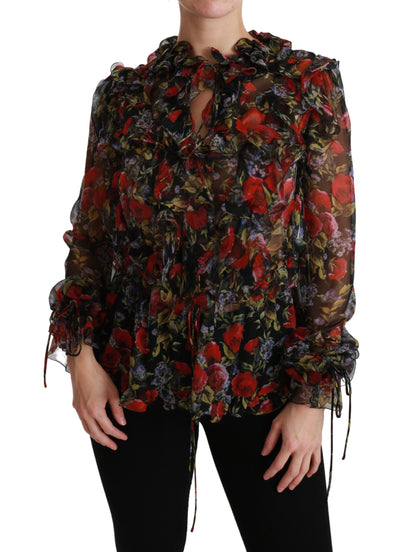Dolce &amp; Gabbana Zwarte Bloemen Rozen Blouse Zijden Top
