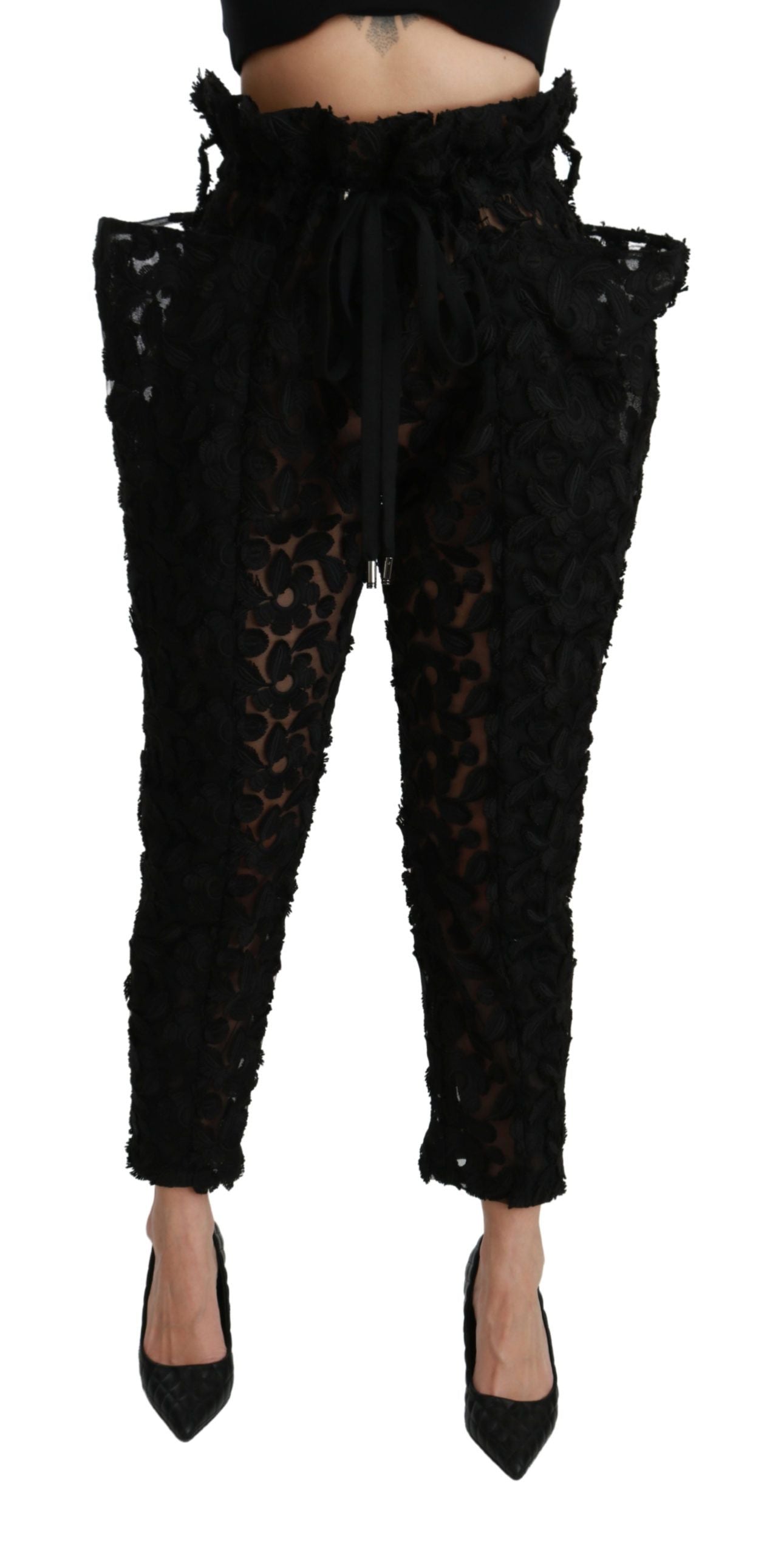 Dolce &amp; Gabbana Zwarte Bloemenkanten Taps Toelopende Hoge Taille Broek
