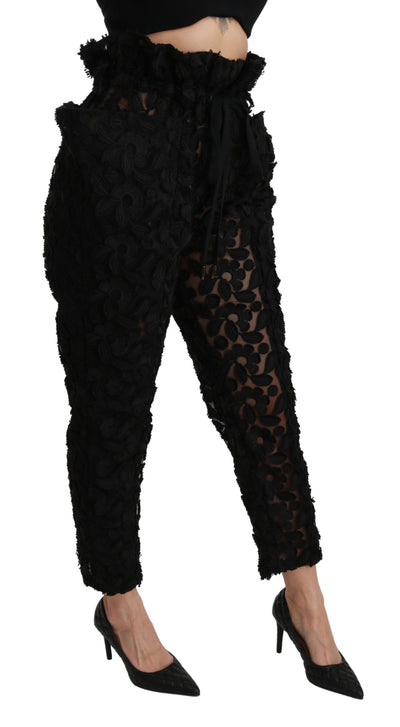 Dolce &amp; Gabbana Zwarte Bloemenkanten Taps Toelopende Hoge Taille Broek