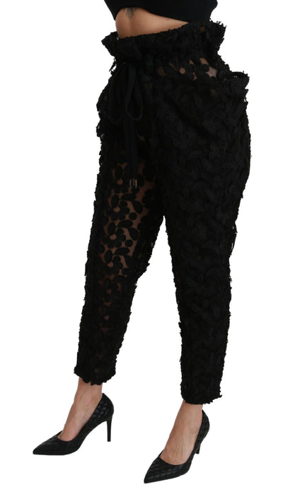 Dolce &amp; Gabbana Zwarte Bloemenkanten Taps Toelopende Hoge Taille Broek