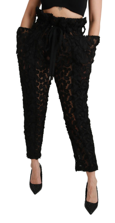 Dolce &amp; Gabbana Zwarte Bloemenkanten Taps Toelopende Hoge Taille Broek