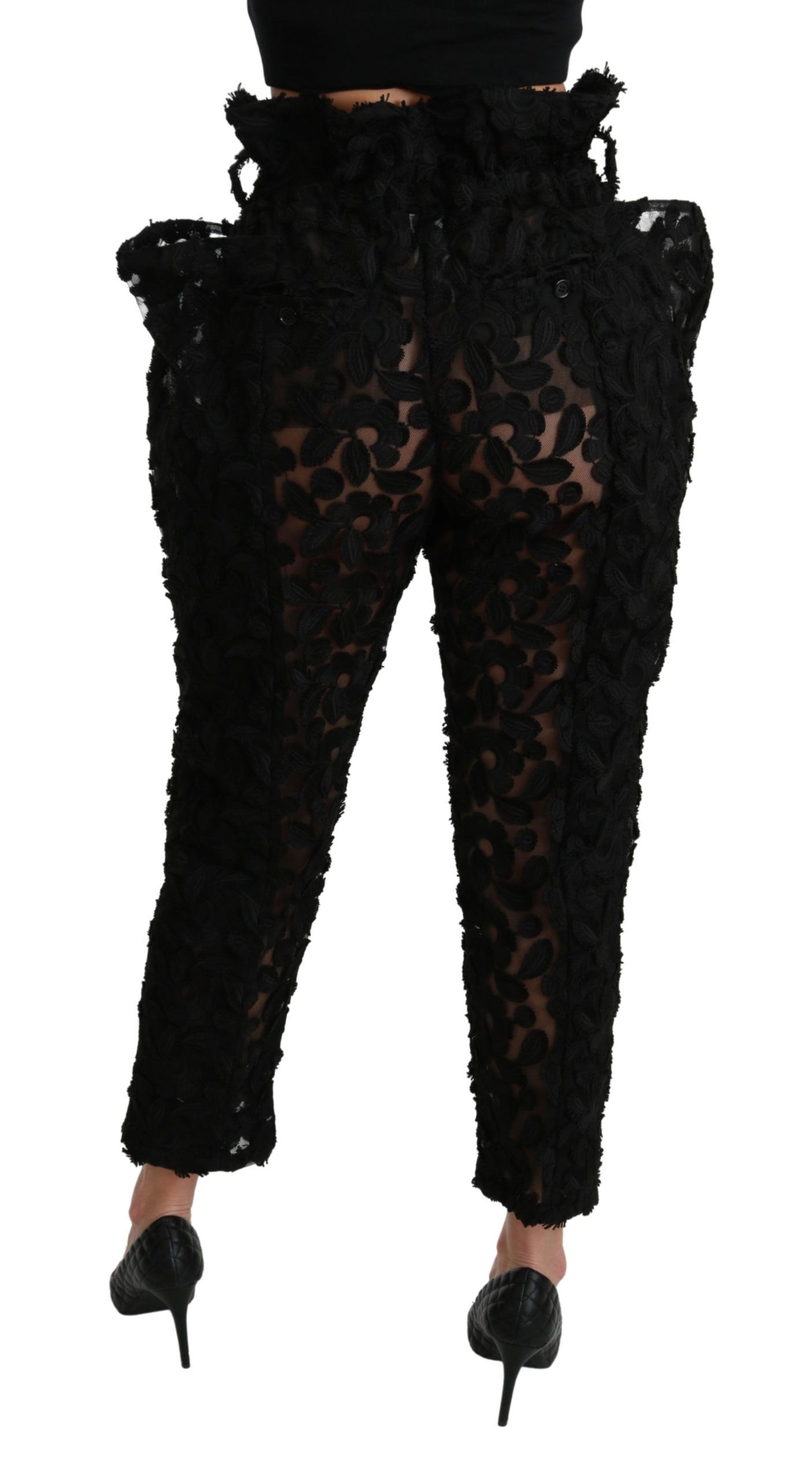 Dolce &amp; Gabbana Zwarte Bloemenkanten Taps Toelopende Hoge Taille Broek