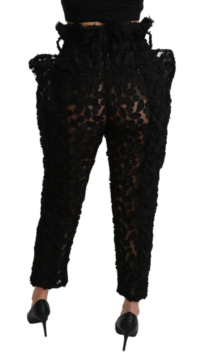 Dolce &amp; Gabbana Zwarte Bloemenkanten Taps Toelopende Hoge Taille Broek