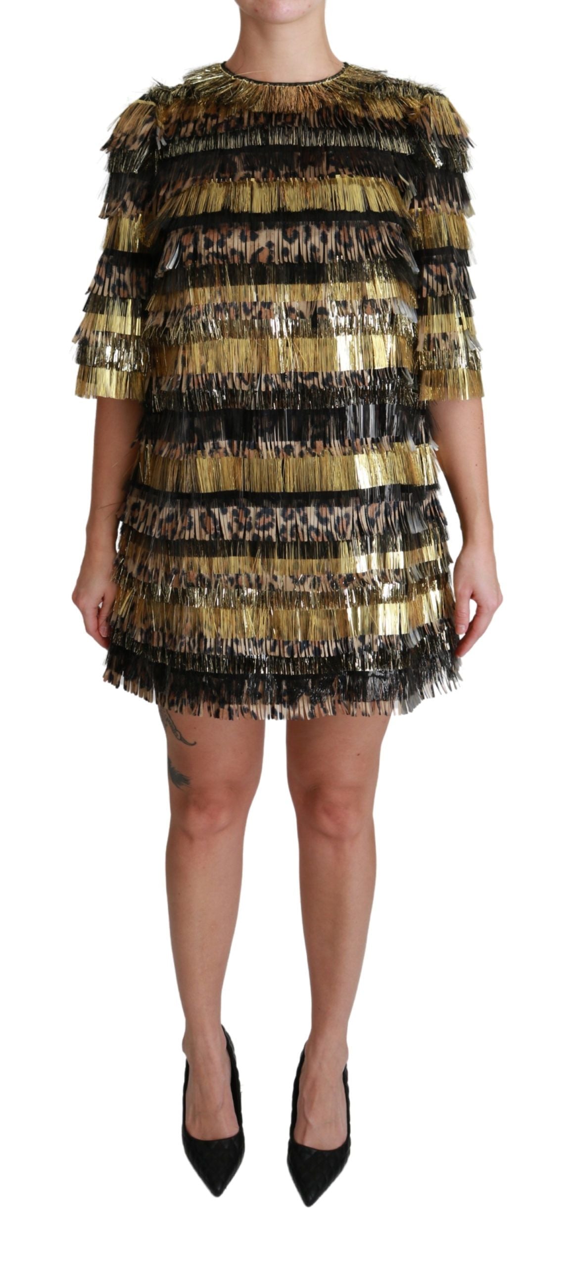 Robe courte droite en polyester noir et doré à motif léopard Dolce &amp; Gabbana