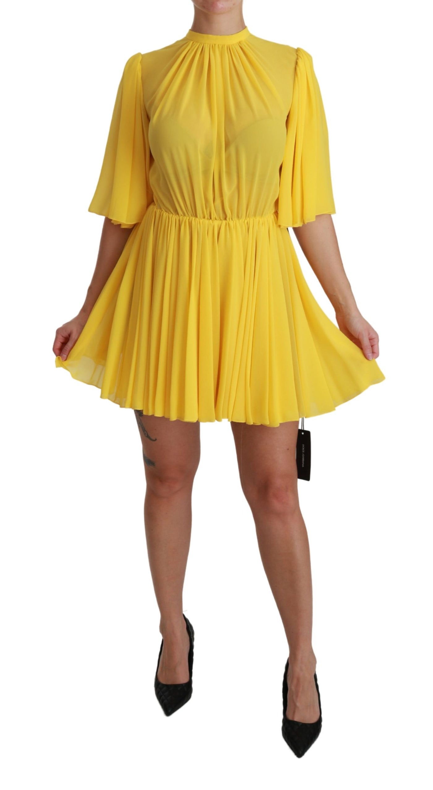 Robe courte trapèze plissée jaune Dolce &amp; Gabbana 100 % soie