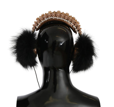 Dolce &amp; Gabbana Gold Black Crystal Fur Headset Audio Hoofdtelefoon