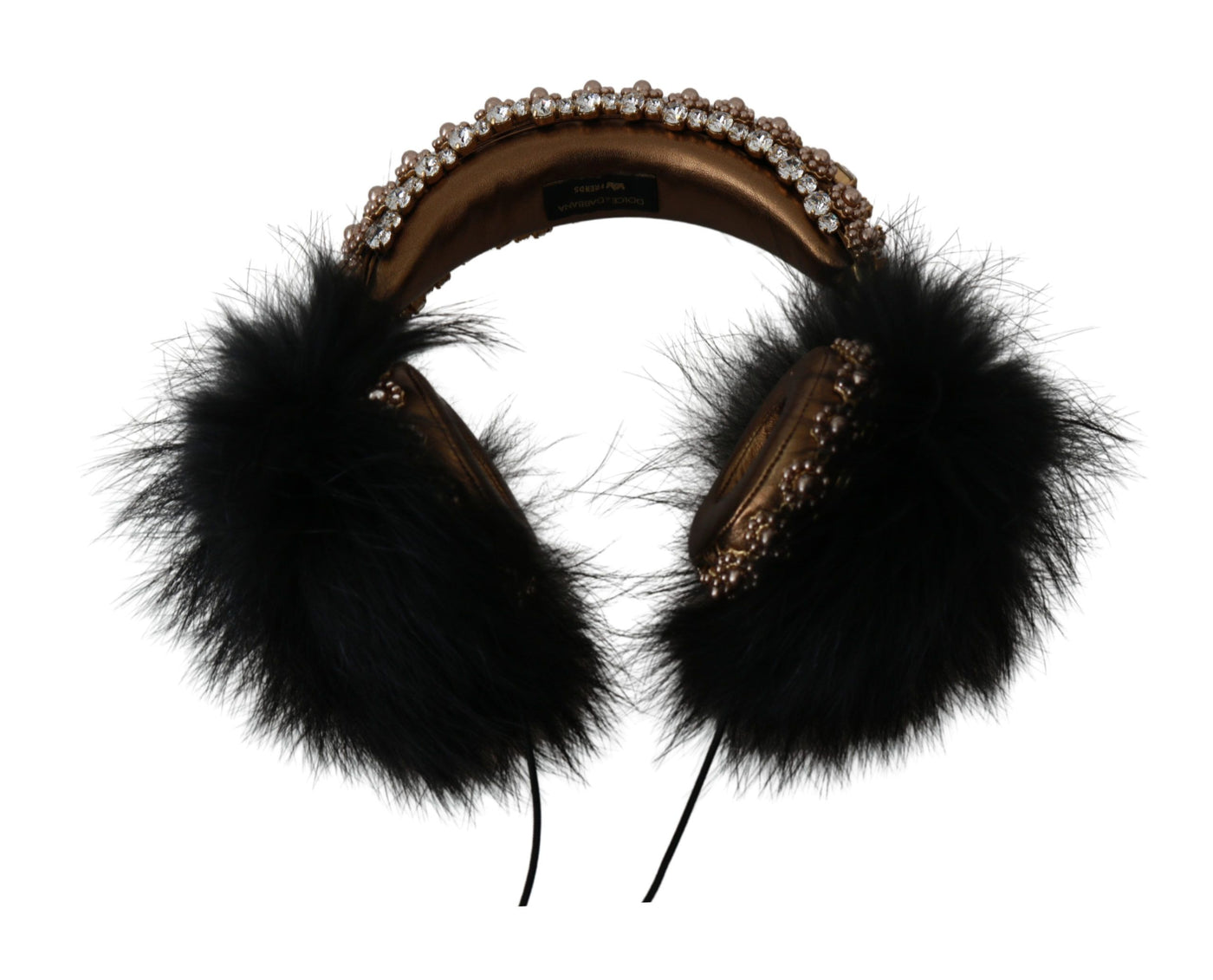 Dolce &amp; Gabbana Gold Black Crystal Fur Headset Audio Hoofdtelefoon