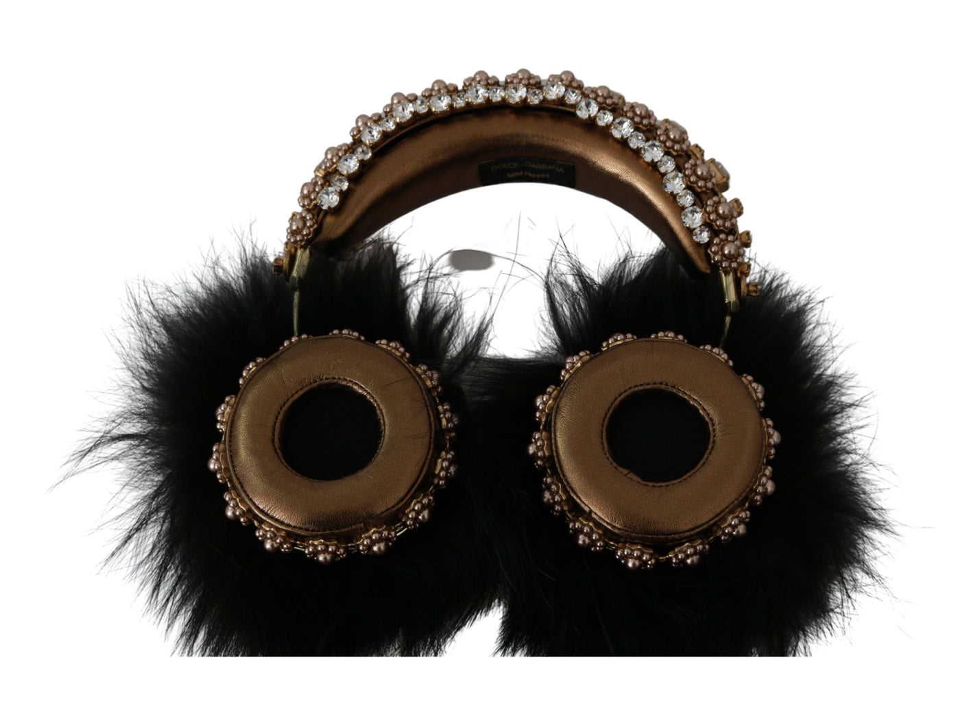 Dolce &amp; Gabbana Gold Black Crystal Fur Headset Audio Hoofdtelefoon