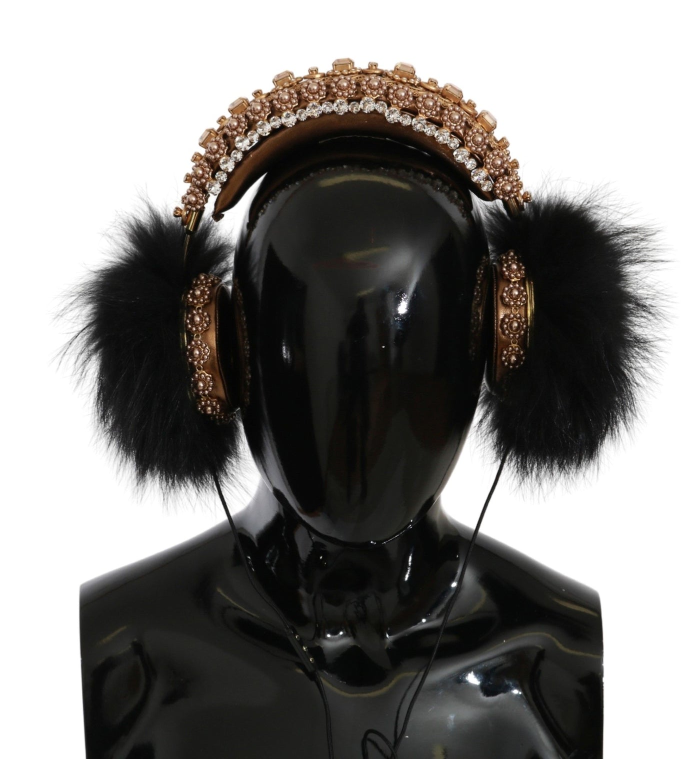 Dolce &amp; Gabbana Gold Black Crystal Fur Headset Audio Hoofdtelefoon