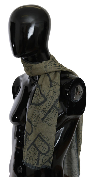GF Ferre Green Wool Viscose Foulard Patterned Branded Scarf