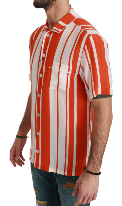 Dolce &amp; Gabbana oranje zijden gestreept wit overhemd met korte mouwen