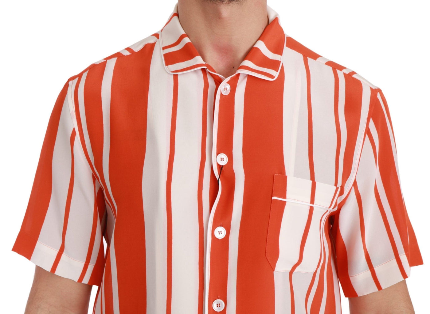 Dolce &amp; Gabbana oranje zijden gestreept wit overhemd met korte mouwen
