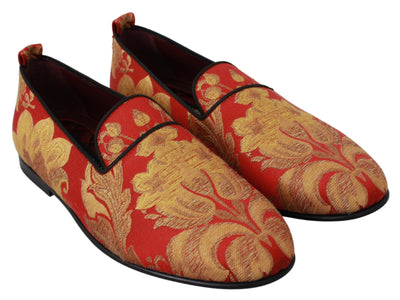 Dolce &amp; Gabbana Rode Gouden Brokaat Pantoffels Loafers Schoenen