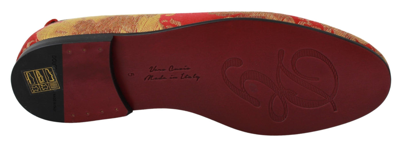 Dolce &amp; Gabbana Rode Gouden Brokaat Pantoffels Loafers Schoenen