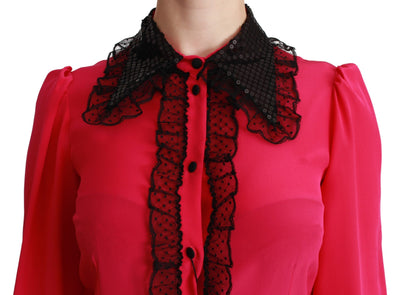 Chemisier en soie rose et dentelle à sequins noirs Dolce &amp; Gabbana