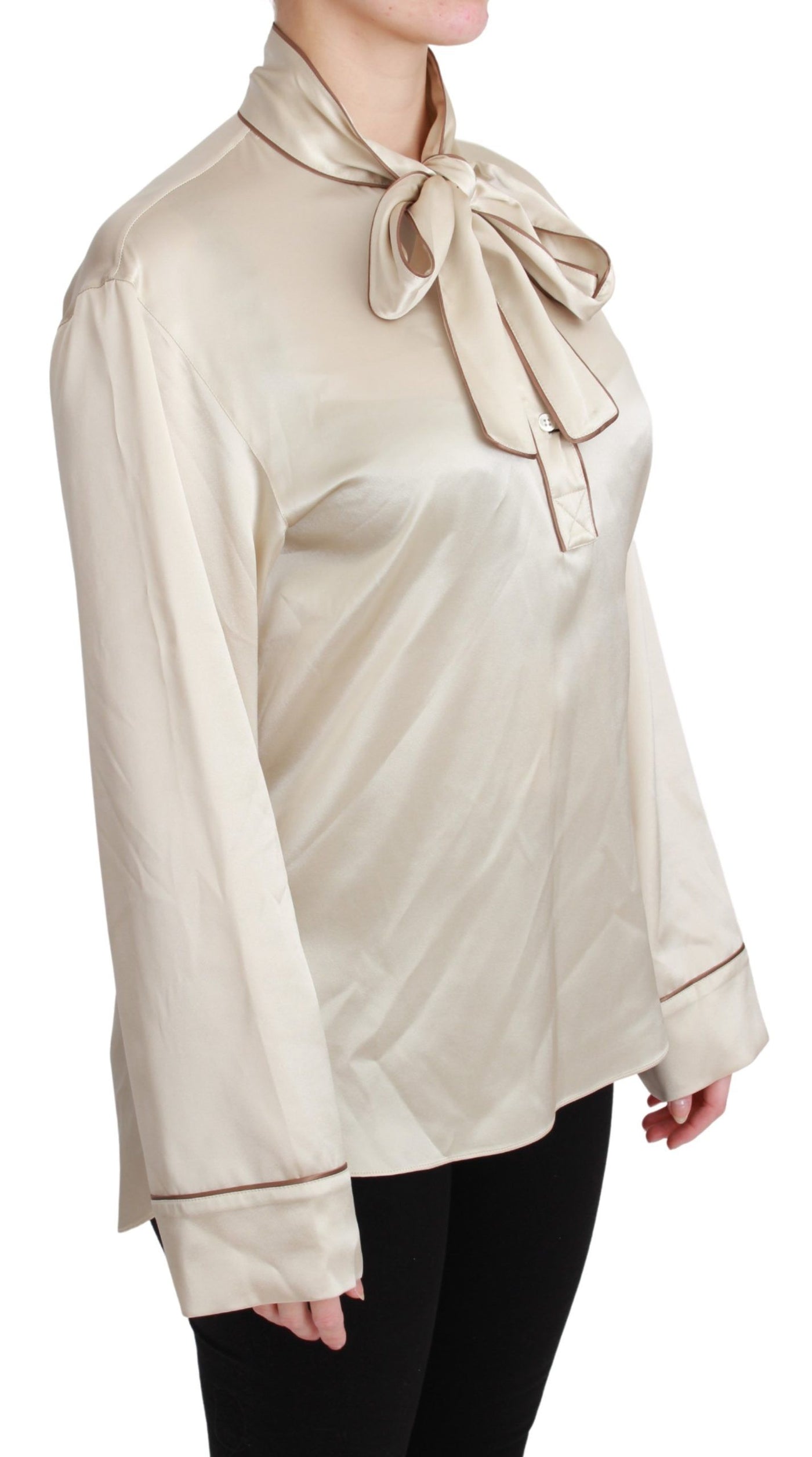 Chemisier en satin de soie beige Dolce &amp; Gabbana avec haut à manches Queen