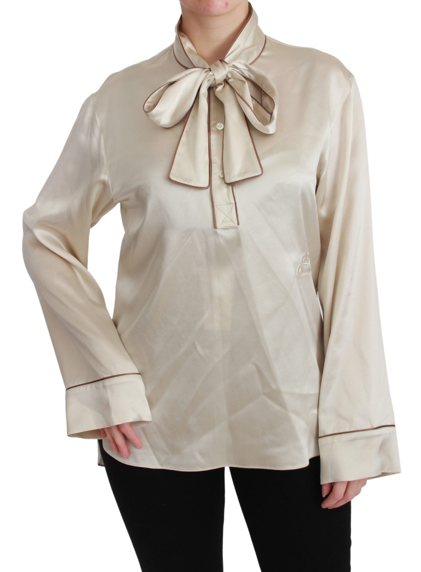Chemisier en satin de soie beige Dolce &amp; Gabbana avec haut à manches Queen