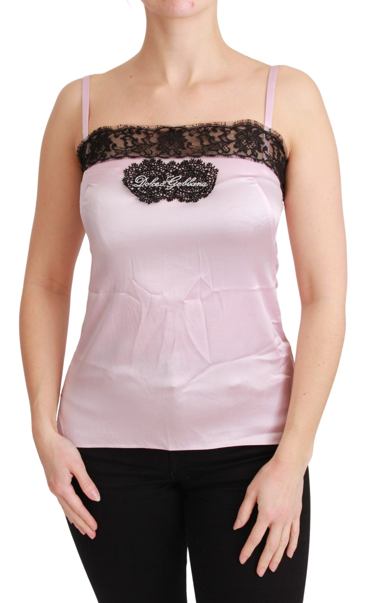 Chemisier débardeur rose en soie et dentelle noire Dolce &amp; Gabbana