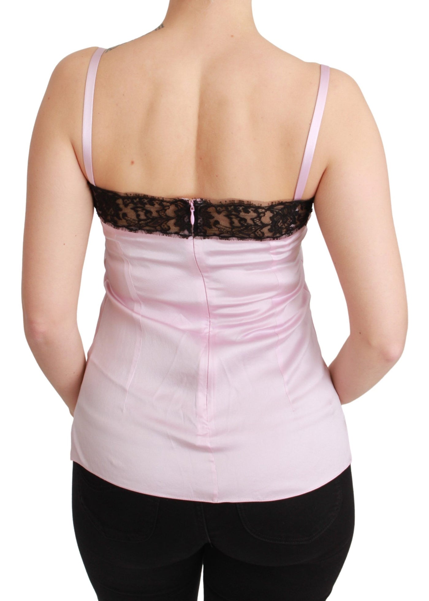 Chemisier débardeur rose en soie et dentelle noire Dolce &amp; Gabbana