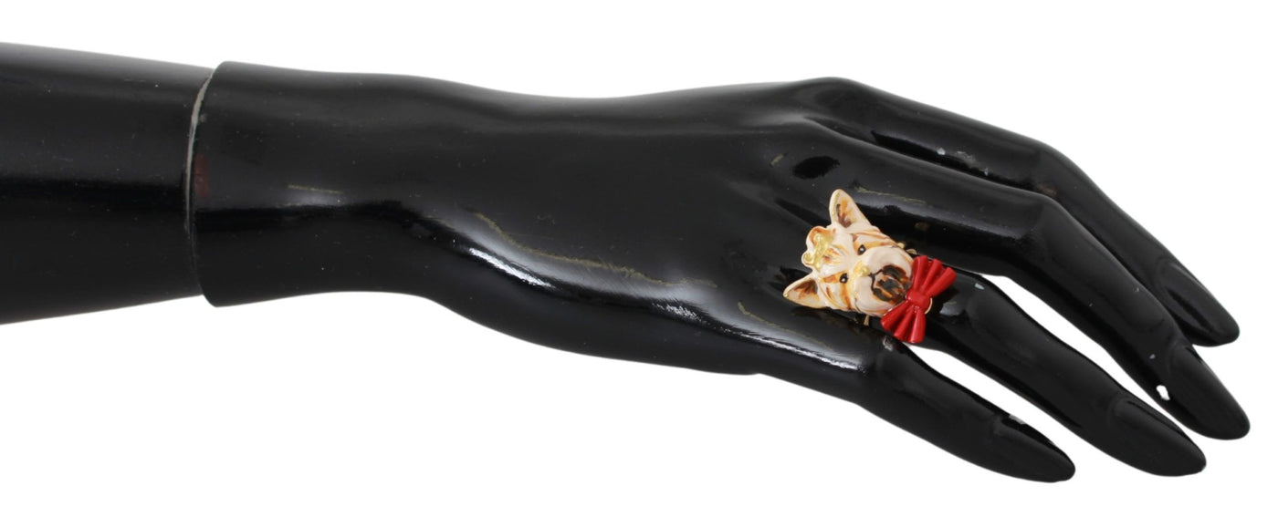 Dolce &amp; Gabbana gouden messing hars beige hond huisdier merk accessoire ring