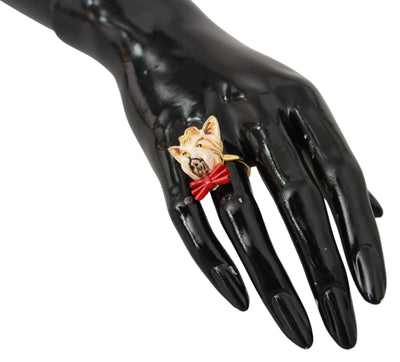 Dolce &amp; Gabbana gouden messing hars beige hond huisdier merk accessoire ring