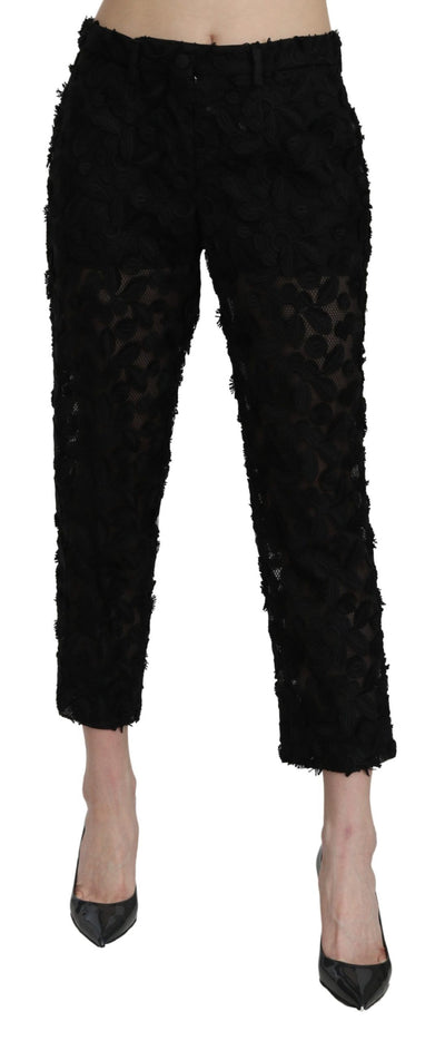 Dolce &amp; Gabbana Zwarte Kanten Rechte Cropped Hoge Taille Broek