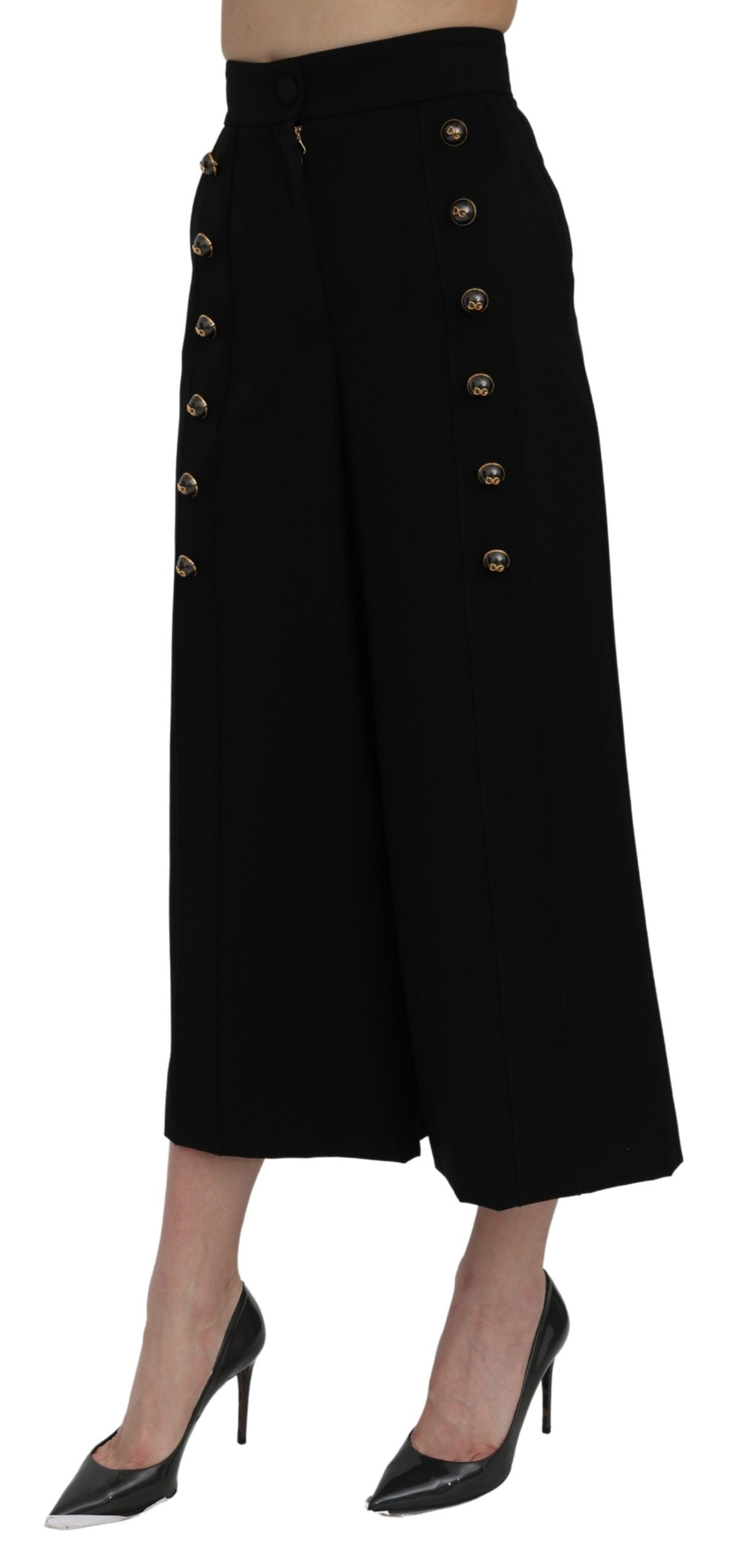 Dolce &amp; Gabbana Zwarte Cropped Broek met Hoge Taille en Wijde Pijpen
