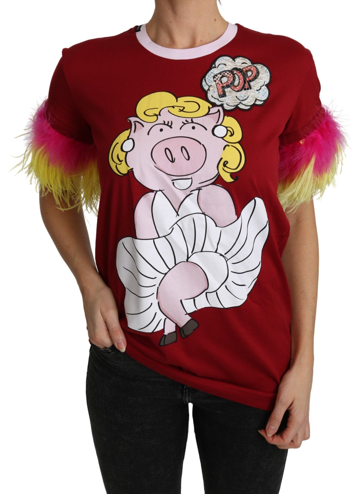 T-shirt Dolce &amp; Gabbana à manches en plumes et imprimé cochon rouge