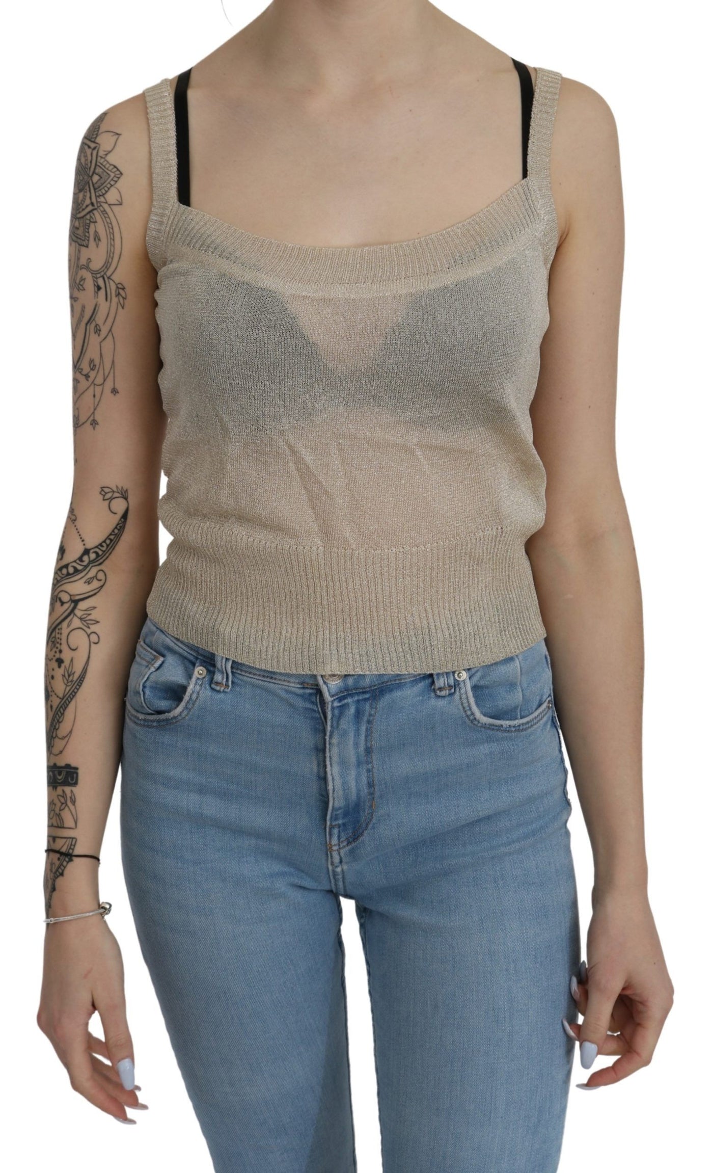 BYBLOS Beige mouwloze tanktop met spaghettibandjes en doorschijnende top