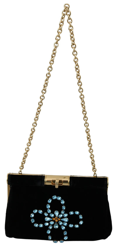Dolce & Gabbana Black Velvet Crystal Studs Women Crossbody Sling Borse Bag