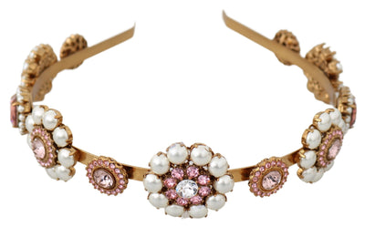 Dolce &amp; Gabbana Gouden Tiara Kristallen Bloemen Parel Hoofdband Logo Diadeem