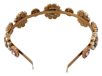 Dolce &amp; Gabbana Gouden Tiara Kristallen Bloemen Parel Hoofdband Logo Diadeem