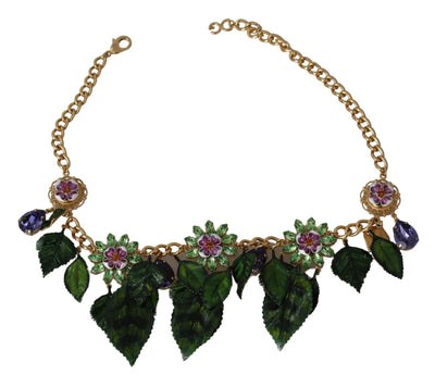 Dolce &amp; Gabbana Groene Bladeren Gouden Messing Kristallen Bloem Hanger Ketting