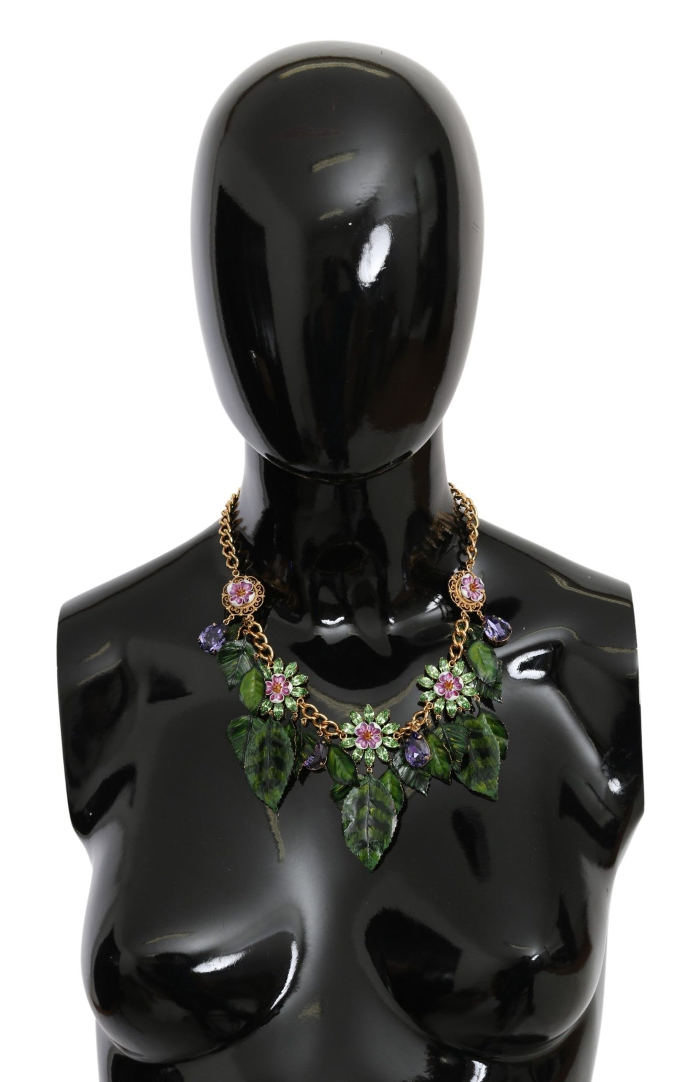Dolce &amp; Gabbana Groene Bladeren Gouden Messing Kristallen Bloem Hanger Ketting