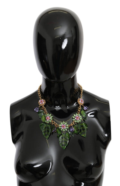 Dolce &amp; Gabbana Groene Bladeren Gouden Messing Kristallen Bloem Hanger Ketting