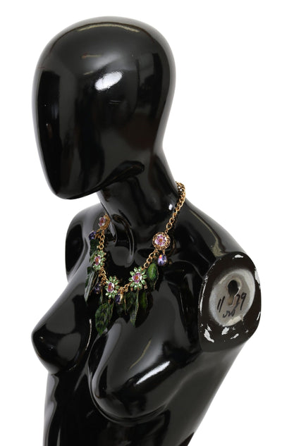 Dolce &amp; Gabbana Groene Bladeren Gouden Messing Kristallen Bloem Hanger Ketting
