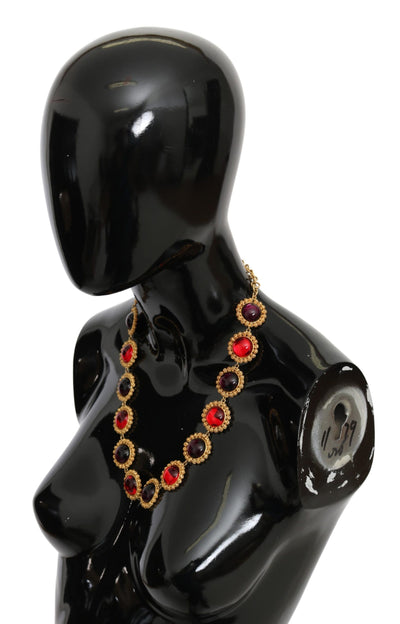 Dolce &amp; Gabbana Rode Paarse Kristallen Bloemenketting Statement Gouden Messing Ketting