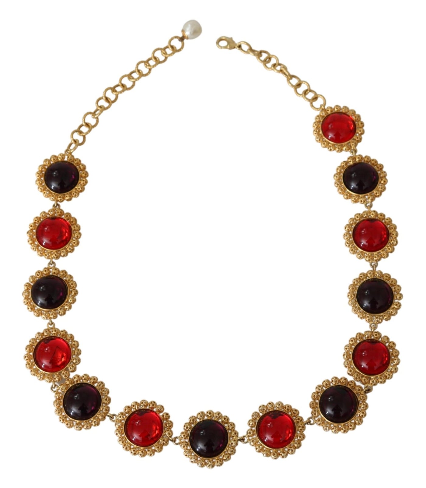 Dolce &amp; Gabbana Rode Paarse Kristallen Bloemenketting Statement Gouden Messing Ketting